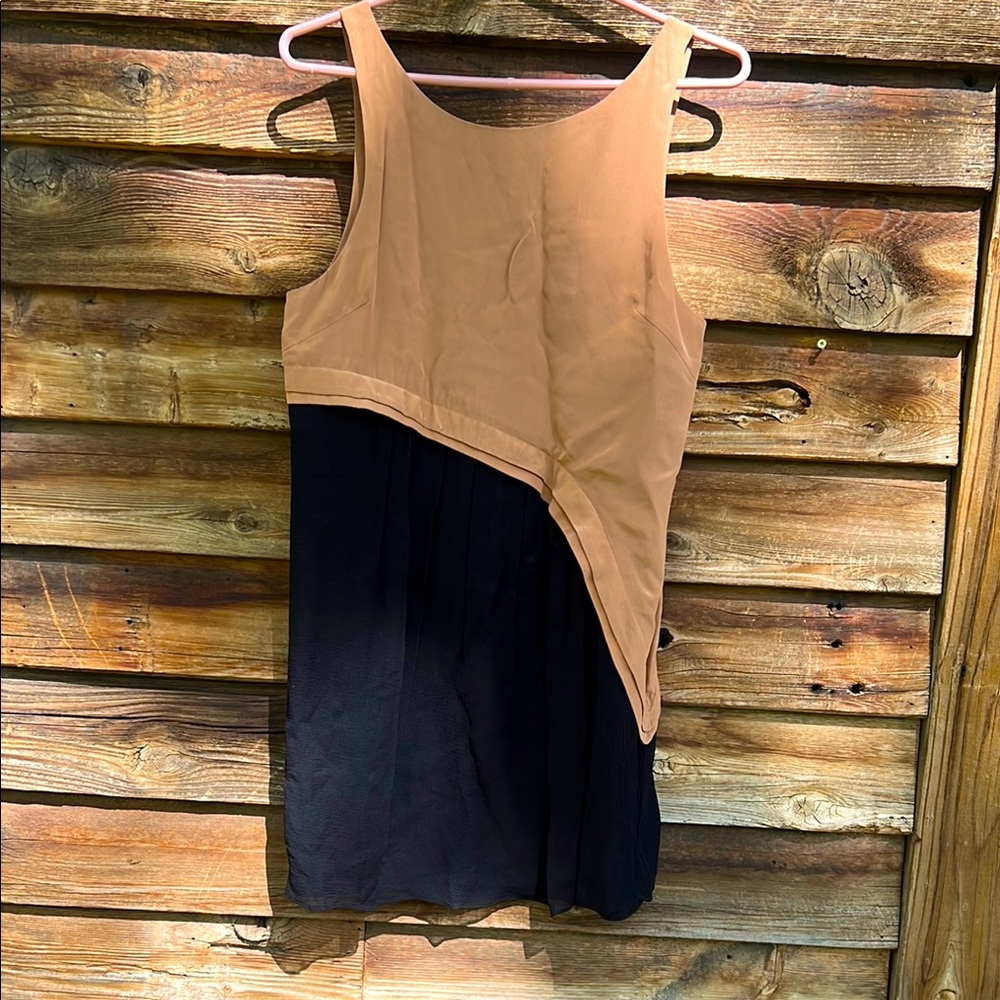 Vena Cava silk fully lined Tan and Blue Asymmetrical Sheath tunic dip back